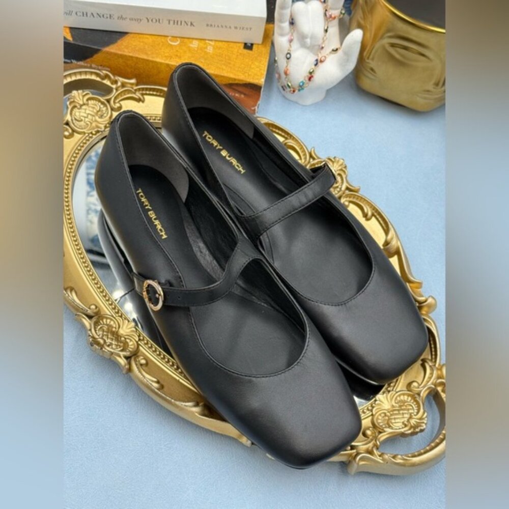 🆕 TORY BURCH 🧿 NWOB Selby Black Leather Square Toe Mary Jane Ballet Flats Sz 7 - Picture 12 of 14